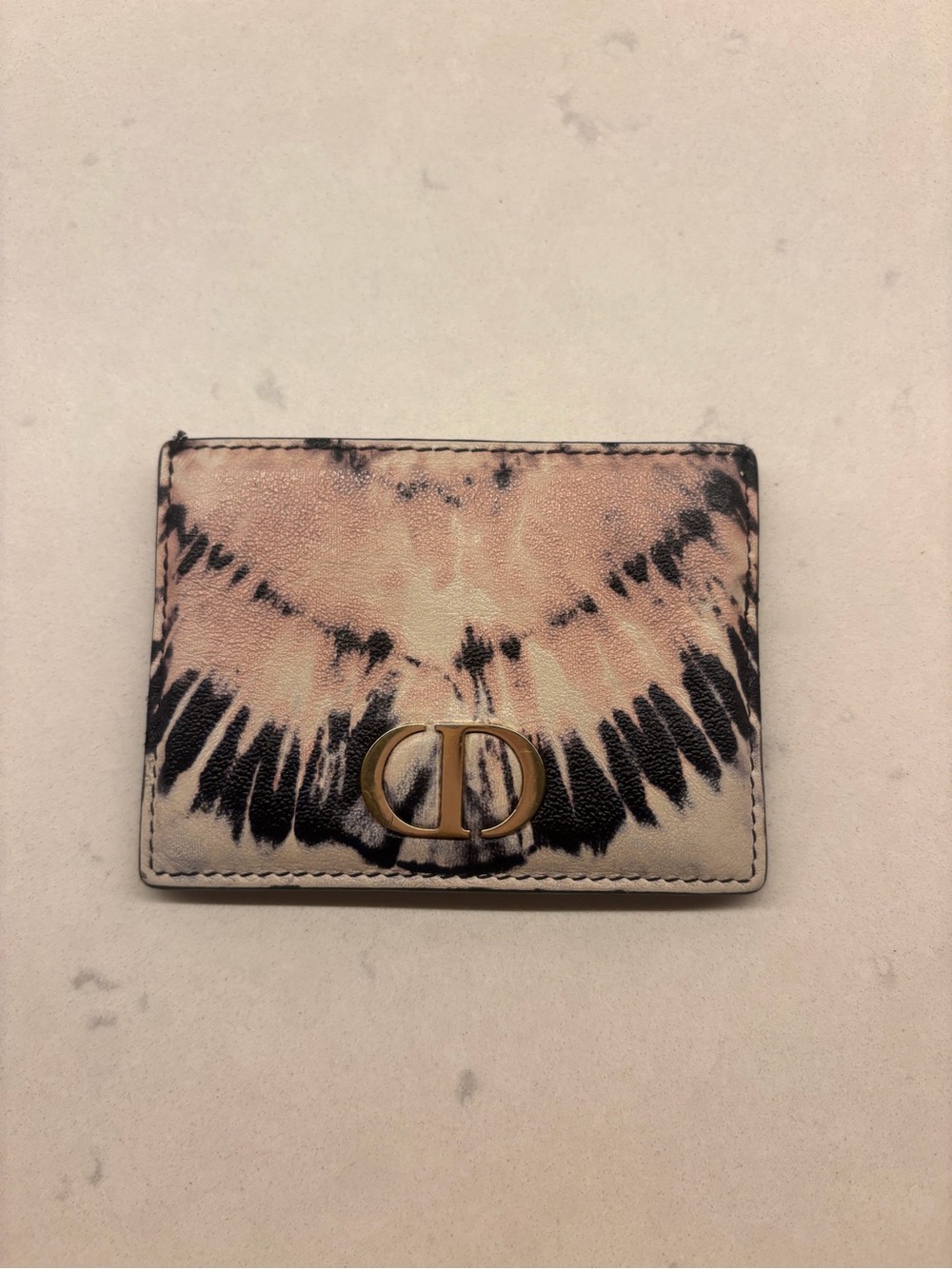 Dior Pink and Black Tie-Dye Card Holder with Gold CD Logo